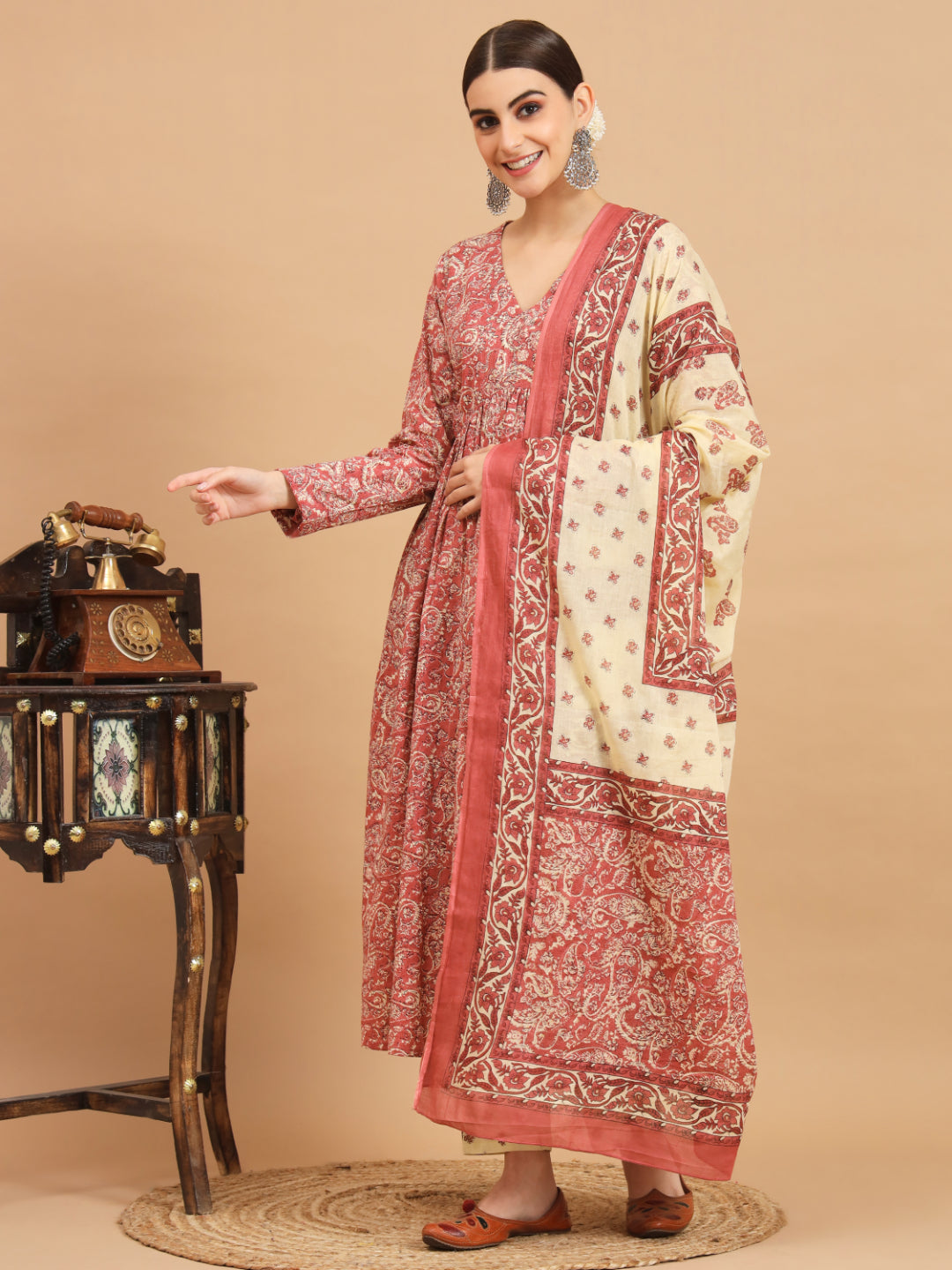 Dark Peach Cotton Anarkali Kurta Set