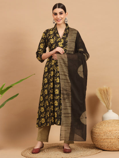 Dark Brown Cotton Anarkali Kurta Set