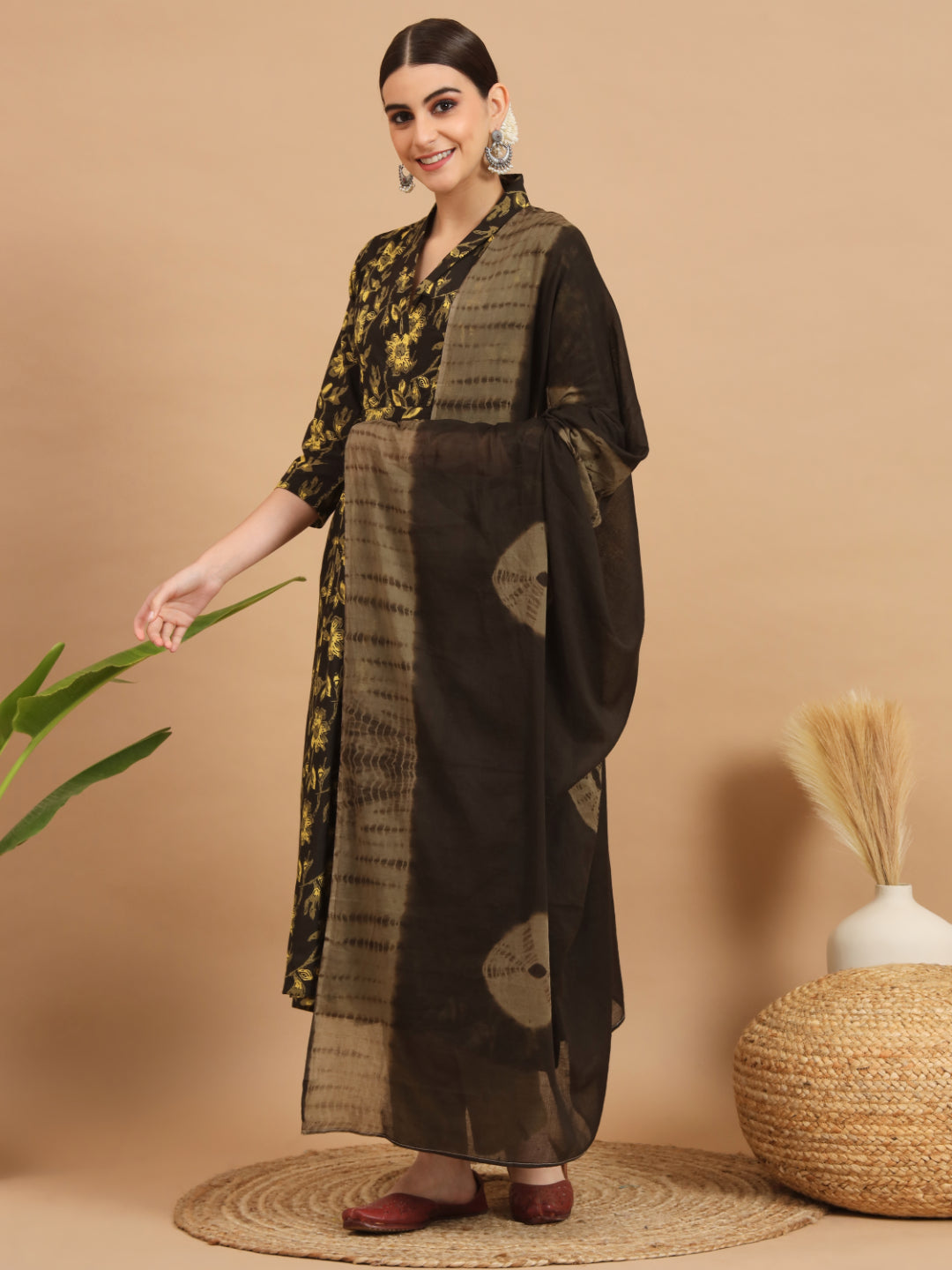 Dark Brown Cotton Anarkali Kurta Set