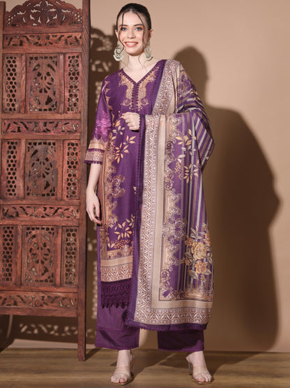 Purple Muslin Straight Kurta Set