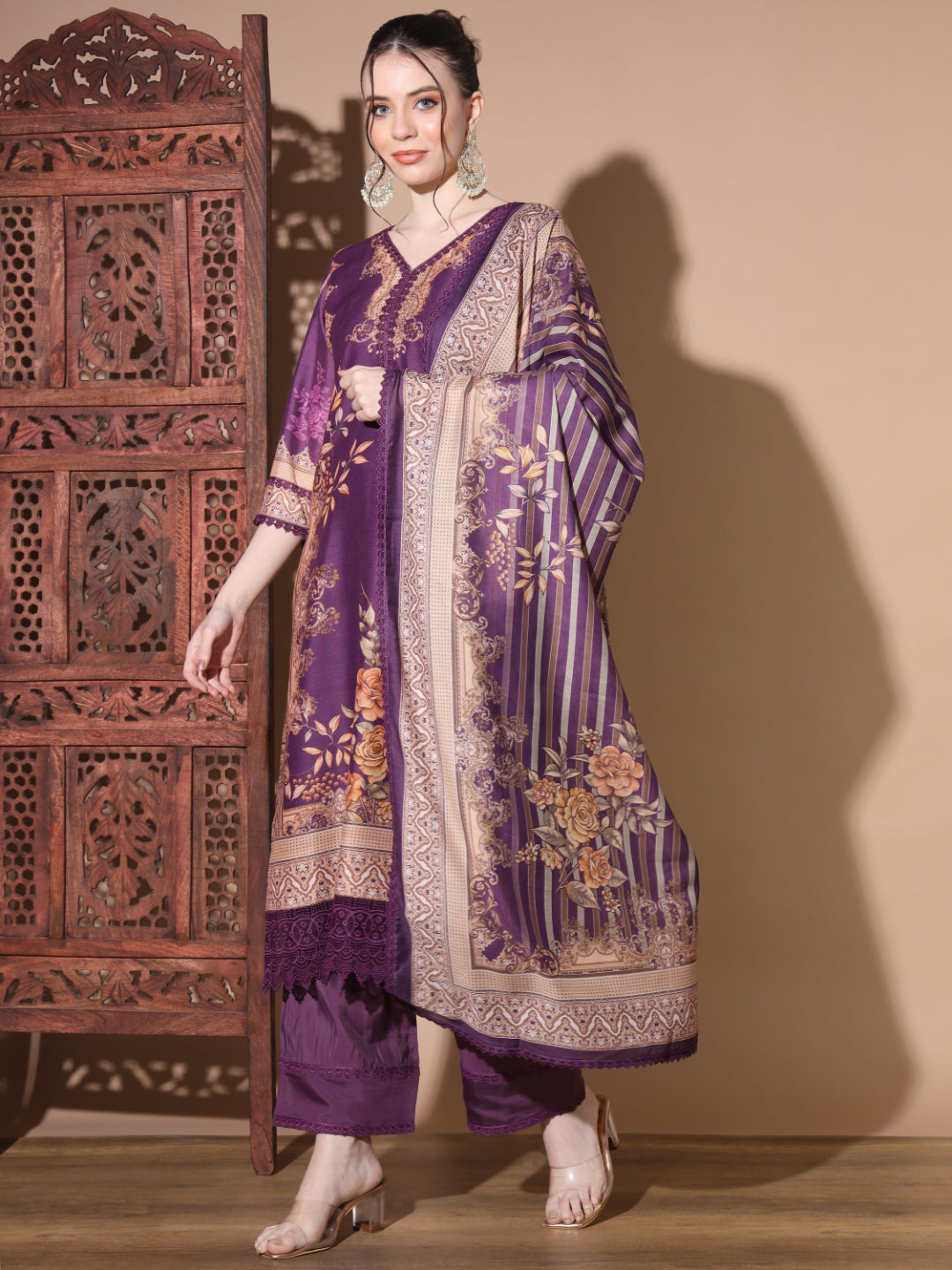 Purple Muslin Straight Kurta Set