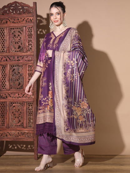 Purple Muslin Straight Kurta Set