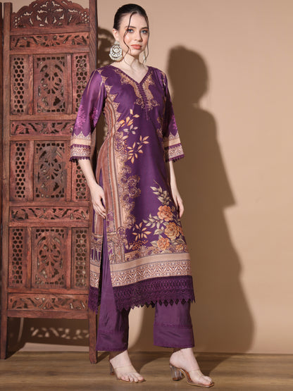 Purple Muslin Straight Kurta Set