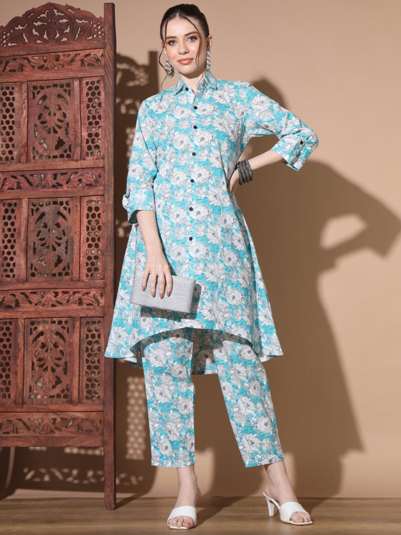 Turquoise Cotton A-Line Co-Ord Set