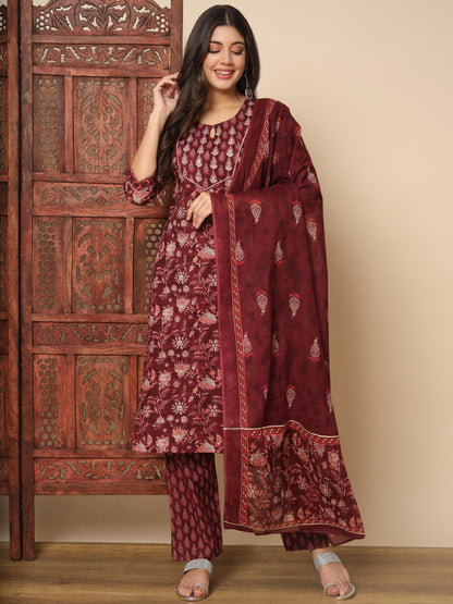 Maroon Cotton Straight Kurta Set