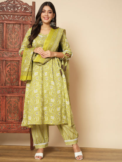 Parrot Green Cotton A-Line Kurta Set