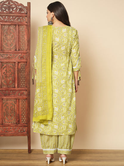 Parrot Green Cotton A-Line Kurta Set