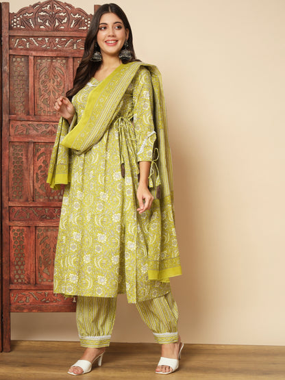 Parrot Green Cotton A-Line Kurta Set