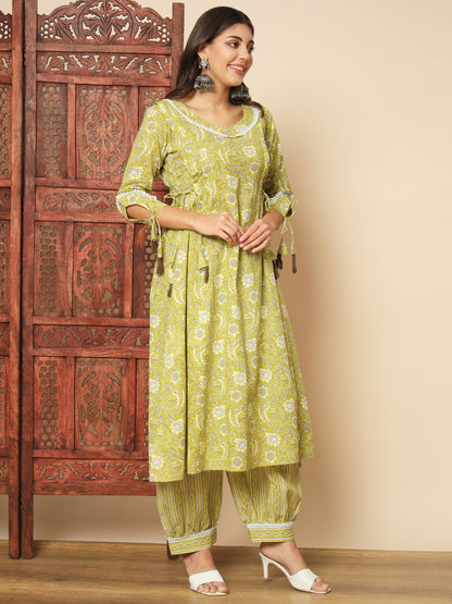 Parrot Green Cotton A-Line Kurta Set