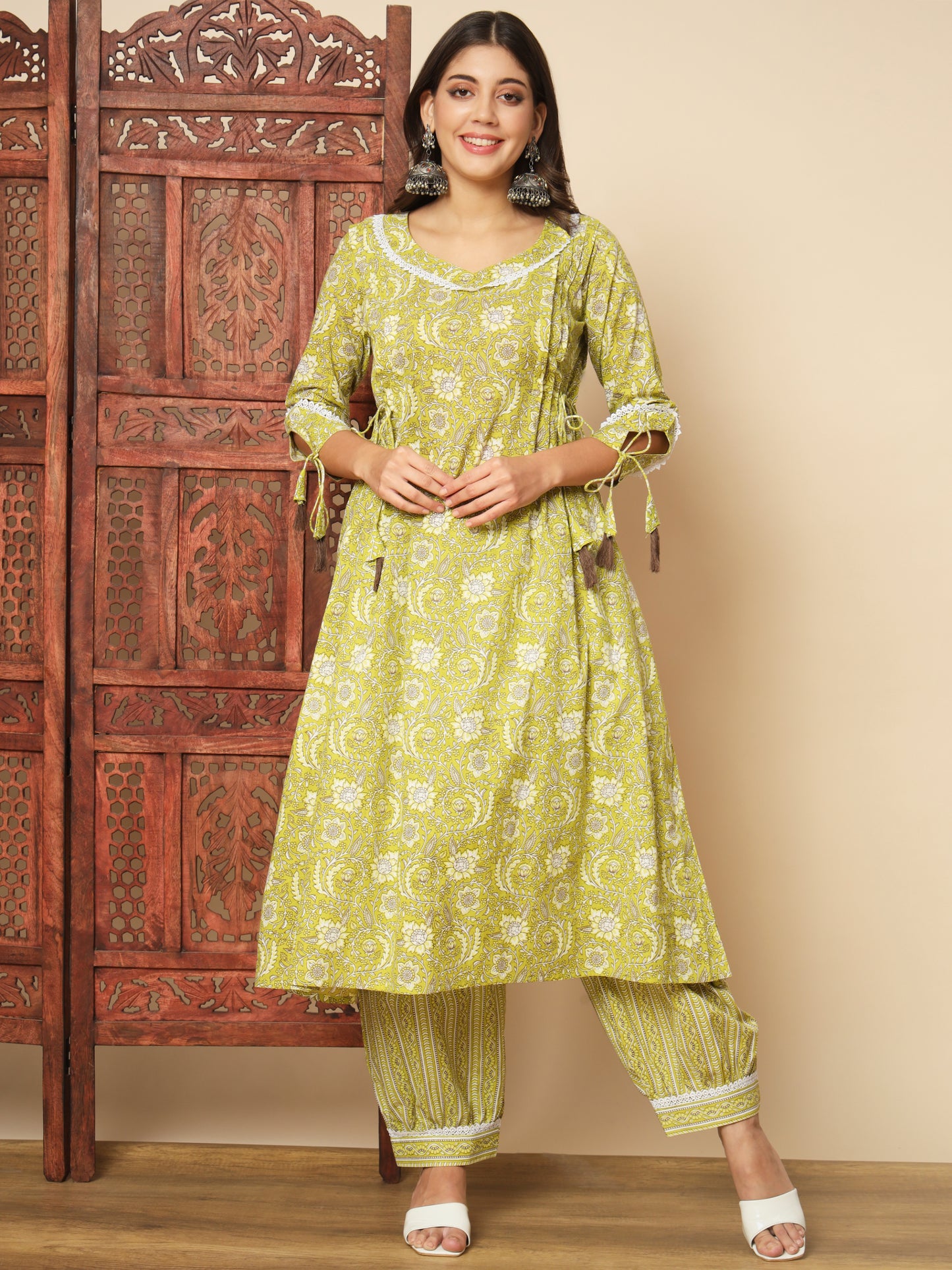 Parrot Green Cotton A-Line Kurta Set