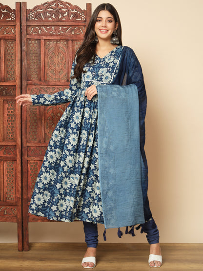 Blue Cotton Anarkali Kurta Set