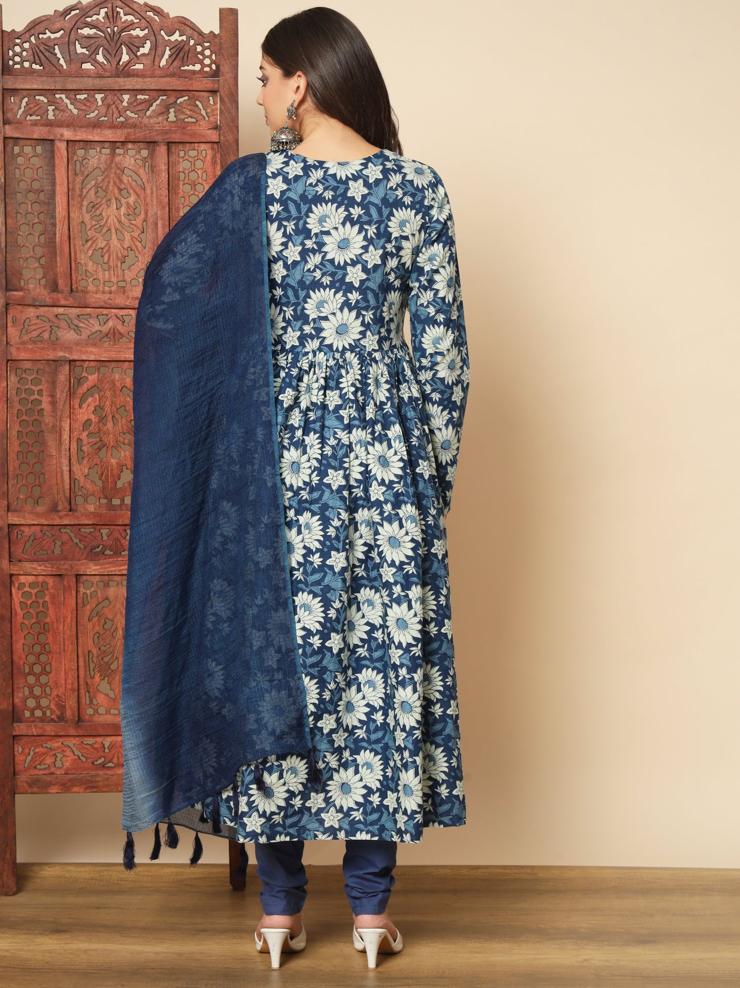 Blue Cotton Anarkali Kurta Set