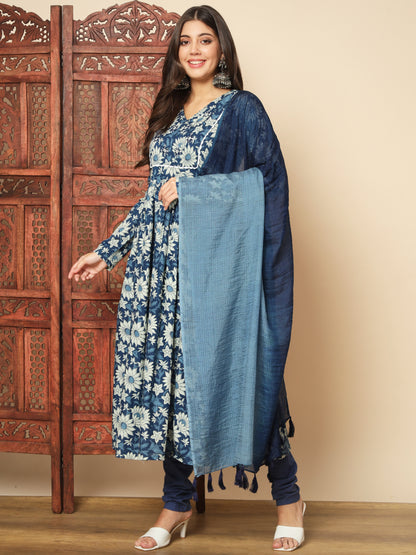 Blue Cotton Anarkali Kurta Set