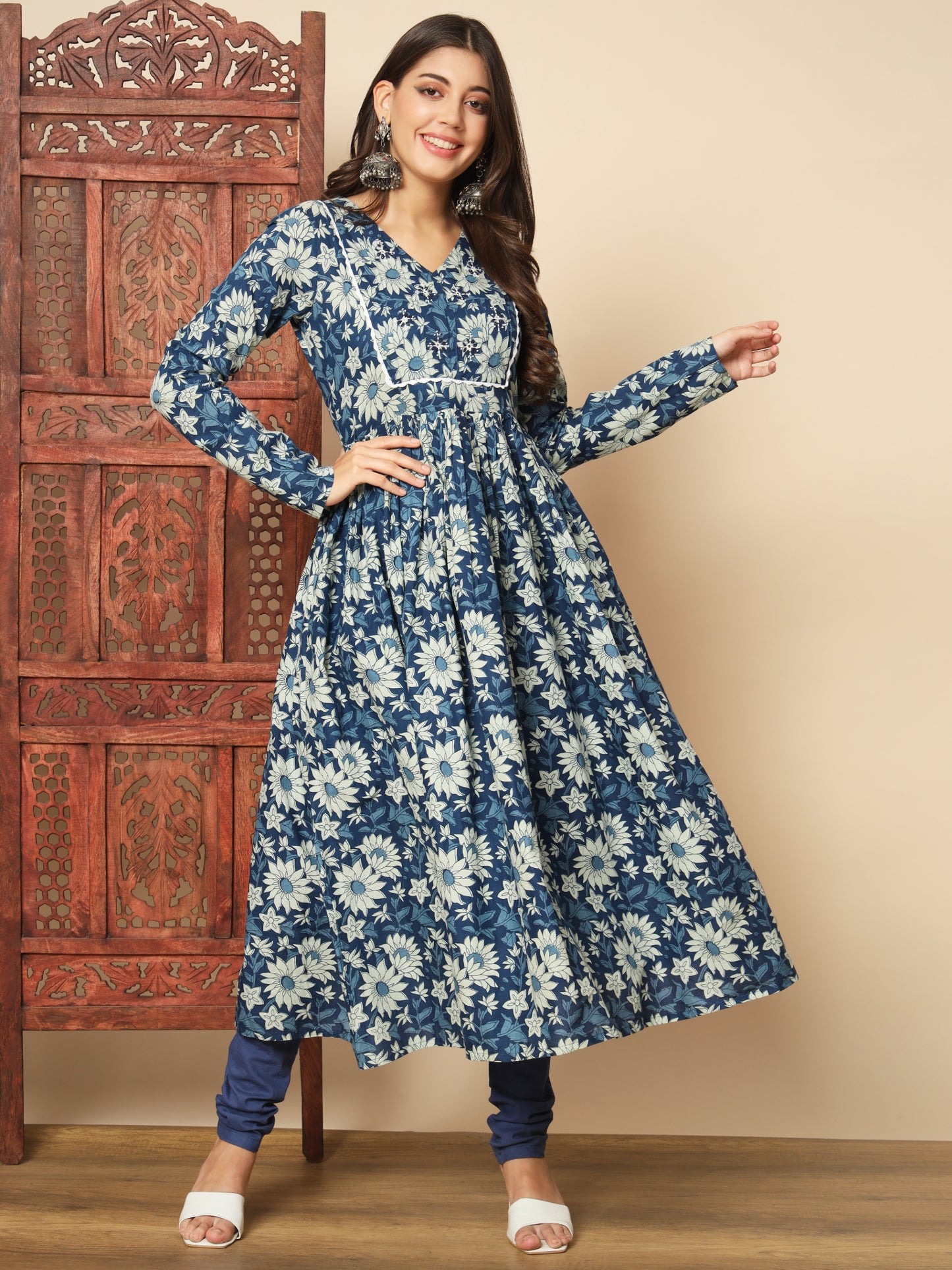 Blue Cotton Anarkali Kurta Set