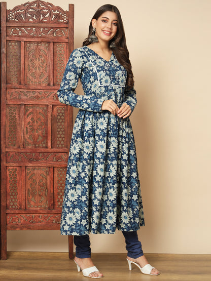 Blue Cotton Anarkali Kurta Set