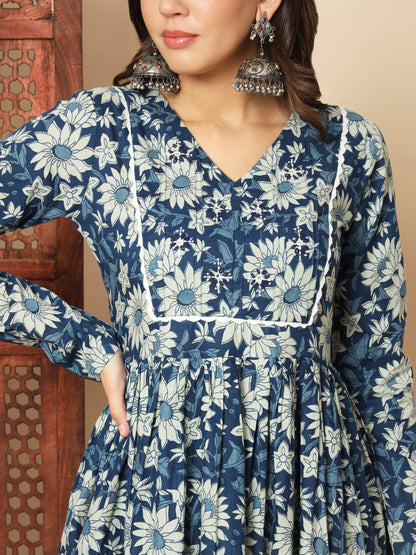 Blue Cotton Anarkali Kurta Set