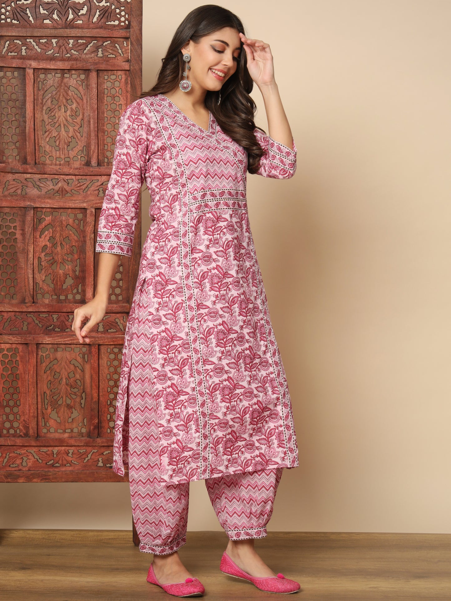 Pink Cotton Straight Kurta Set