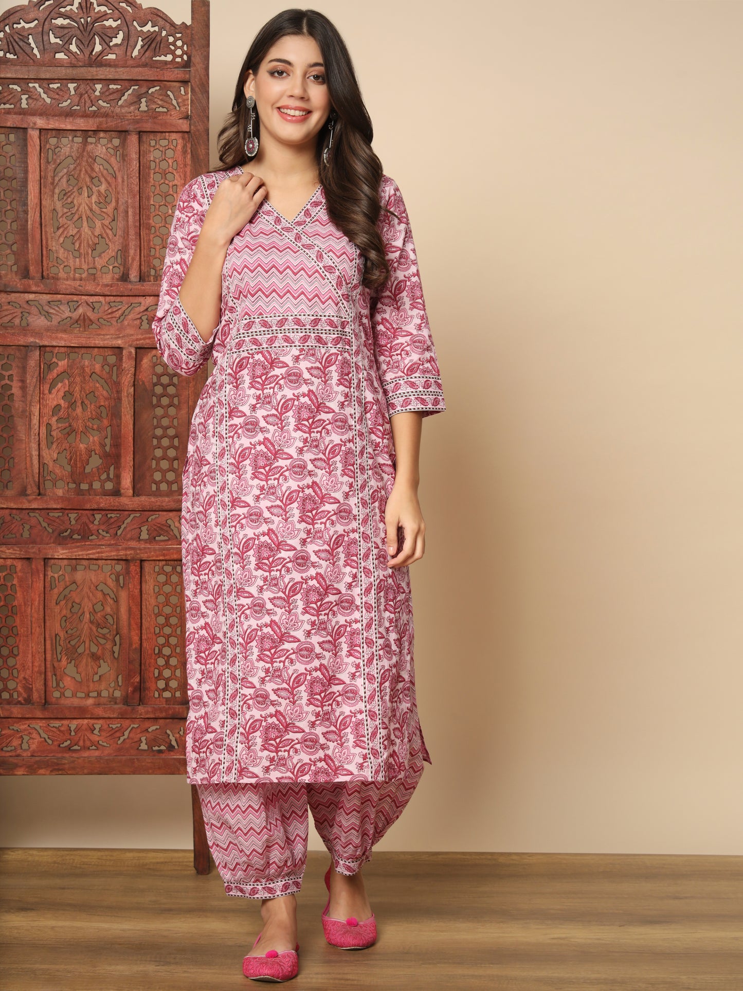 Pink Cotton Straight Kurta Set