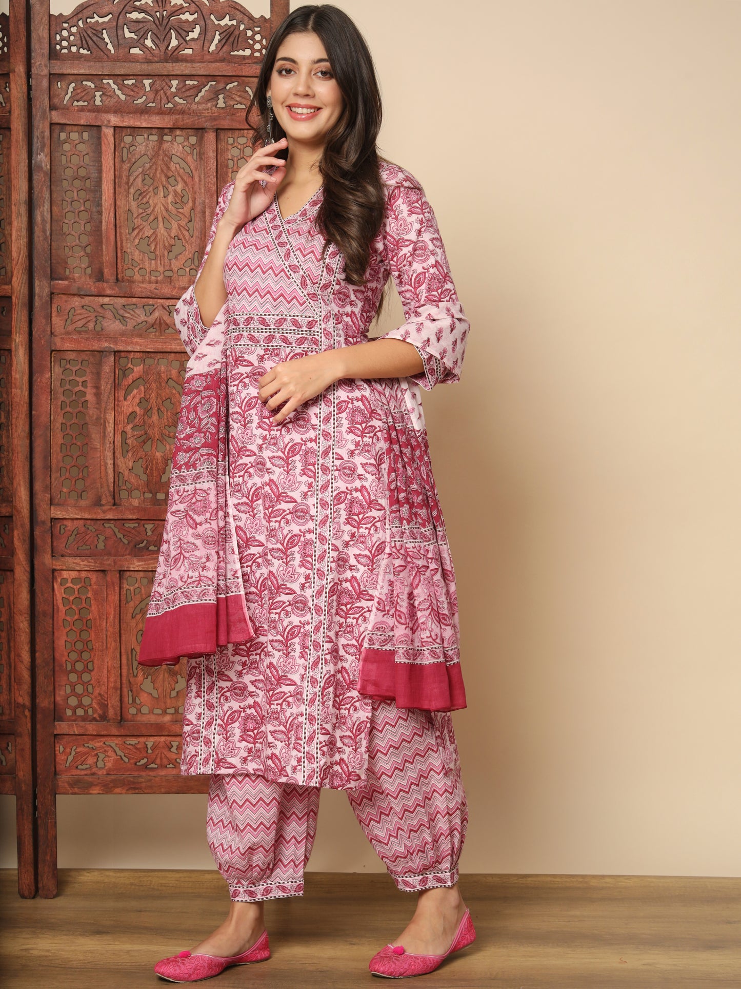 Pink Cotton Straight Kurta Set