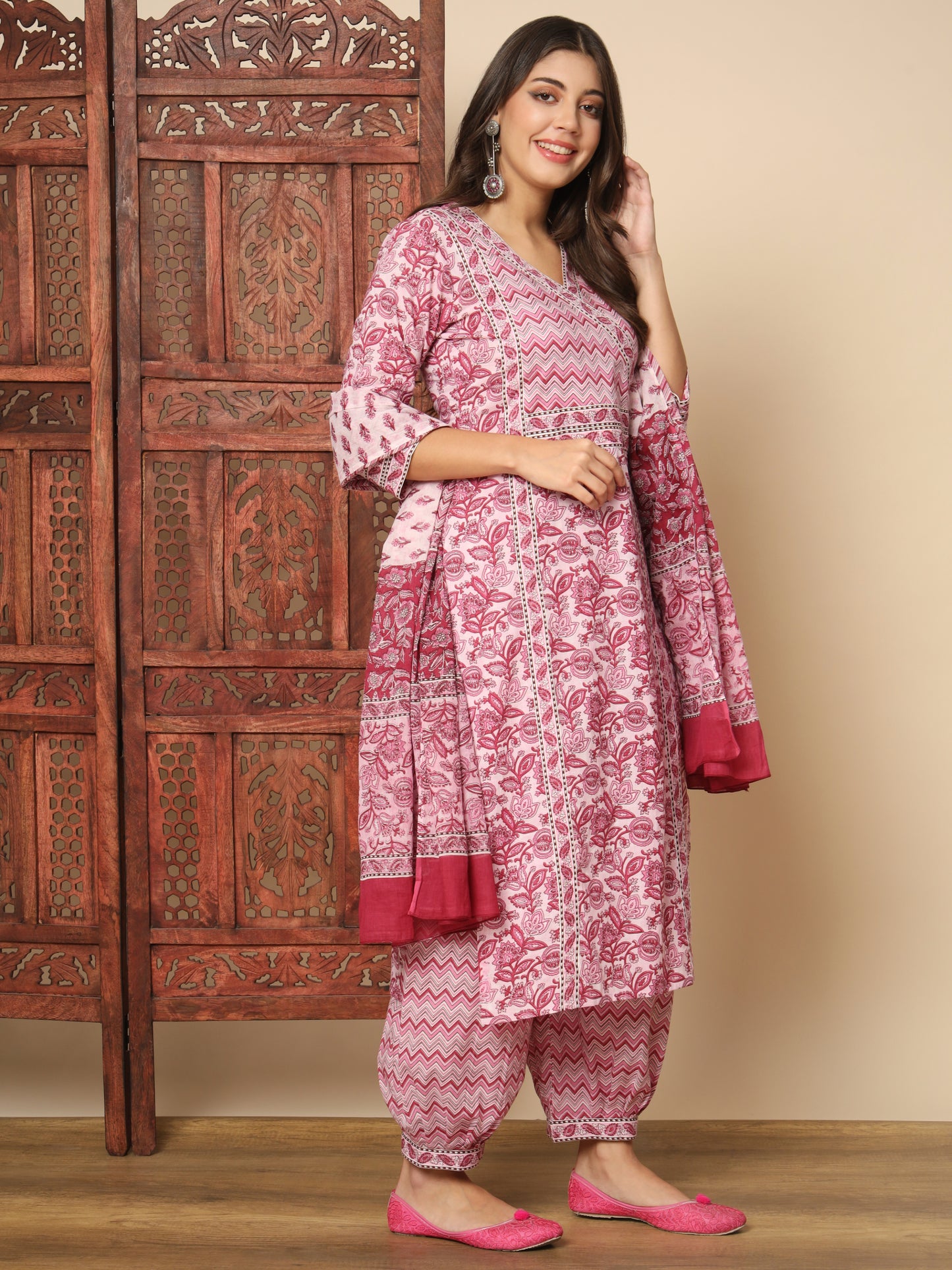 Pink Cotton Straight Kurta Set