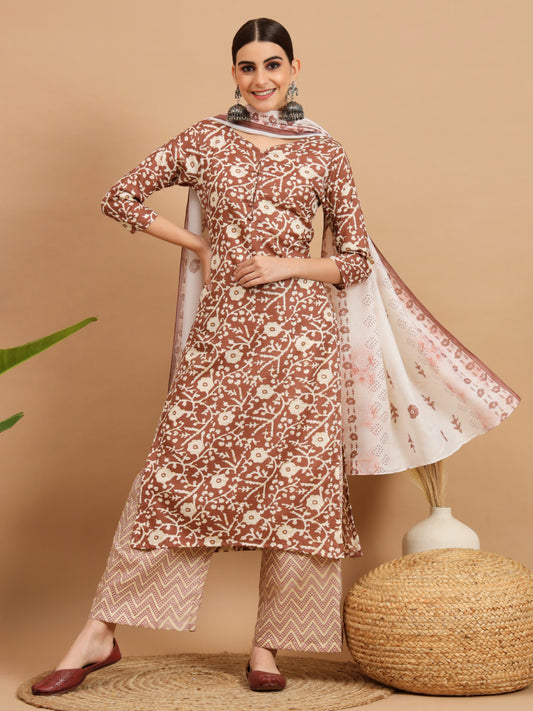 Brown Cotton Blend Straight Kurta Set