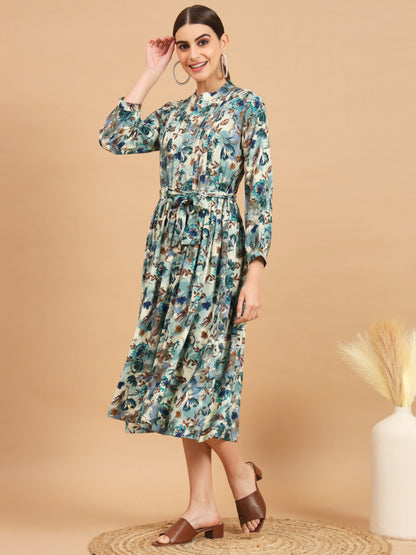 Aqua Rayon Flared Midi-Dress