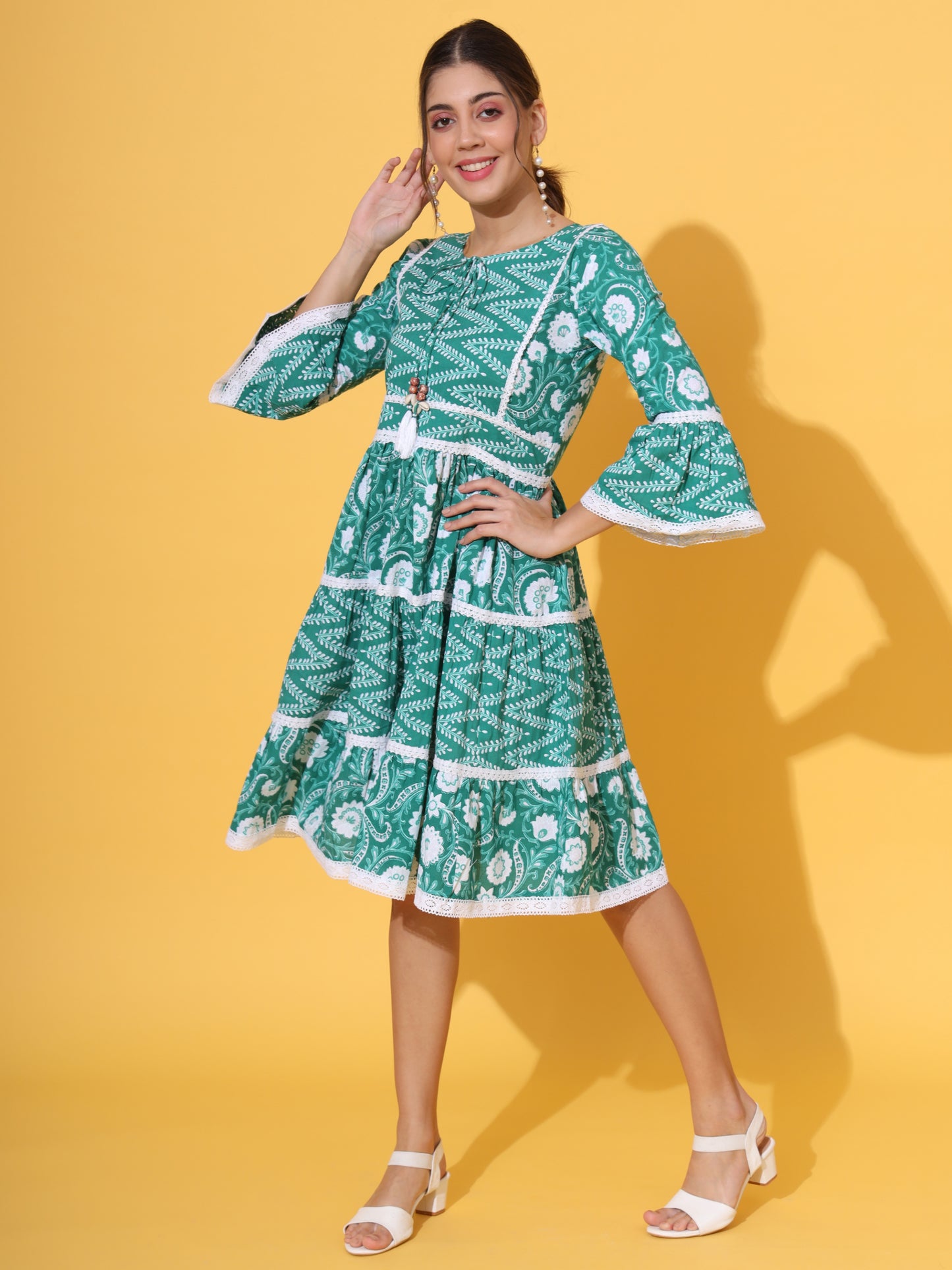 Green Cotton Flared Dress