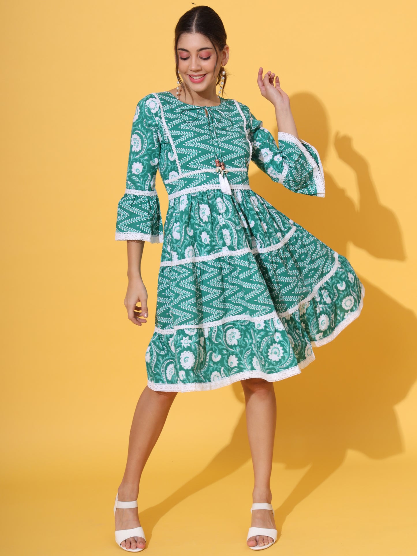 Green Cotton Flared Dress