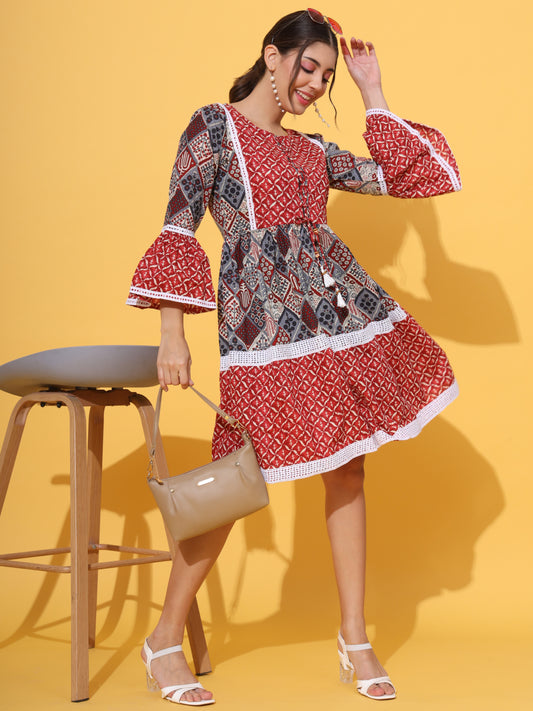 Red Cotton Flared Dress