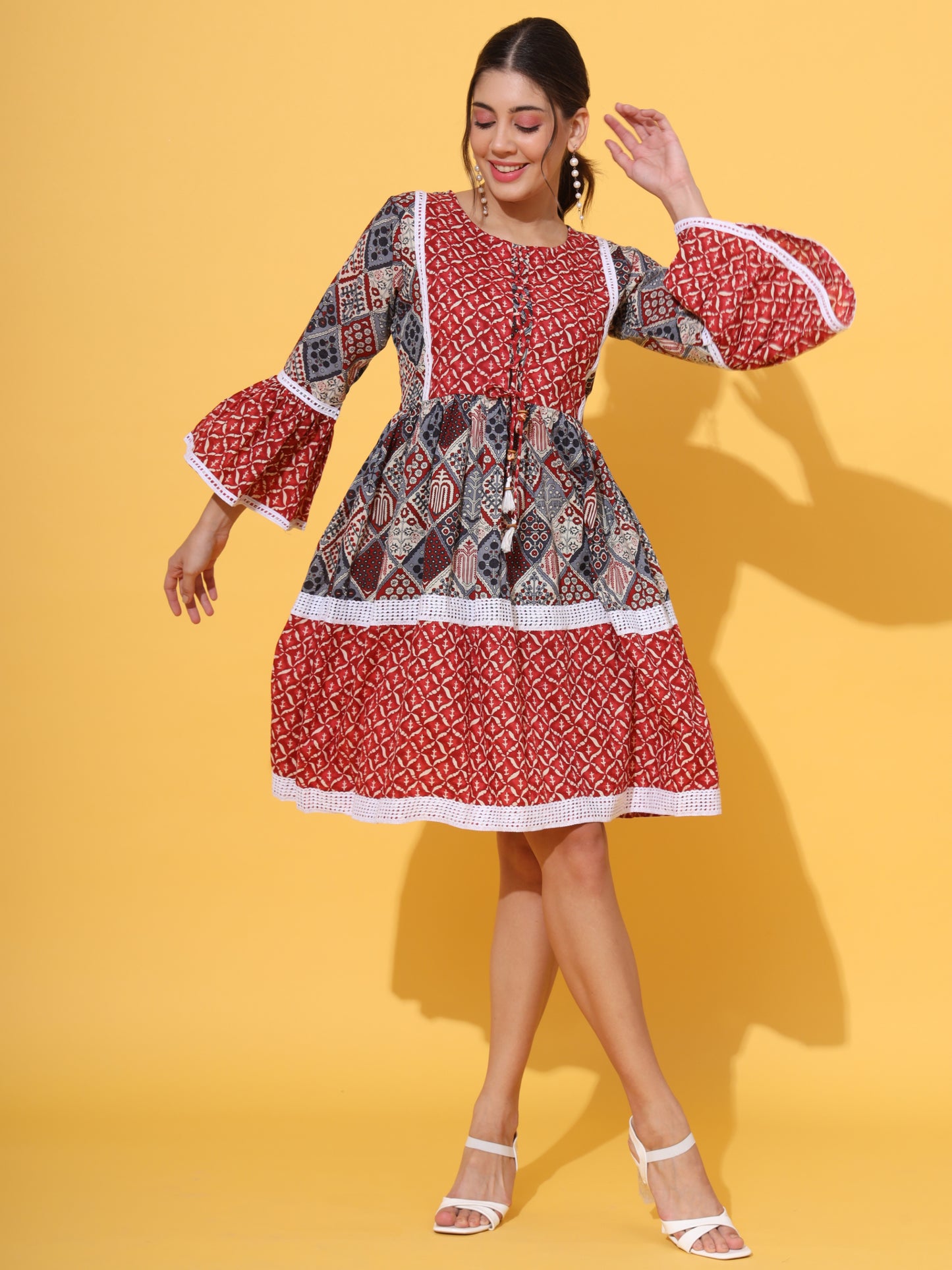 Red Cotton Flared Dress