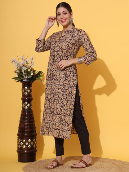 Cream Printed Straight Cotton Kurta