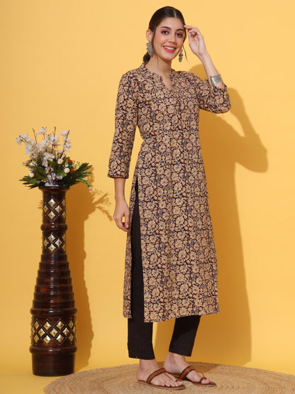 Cream Printed Straight Cotton Kurta