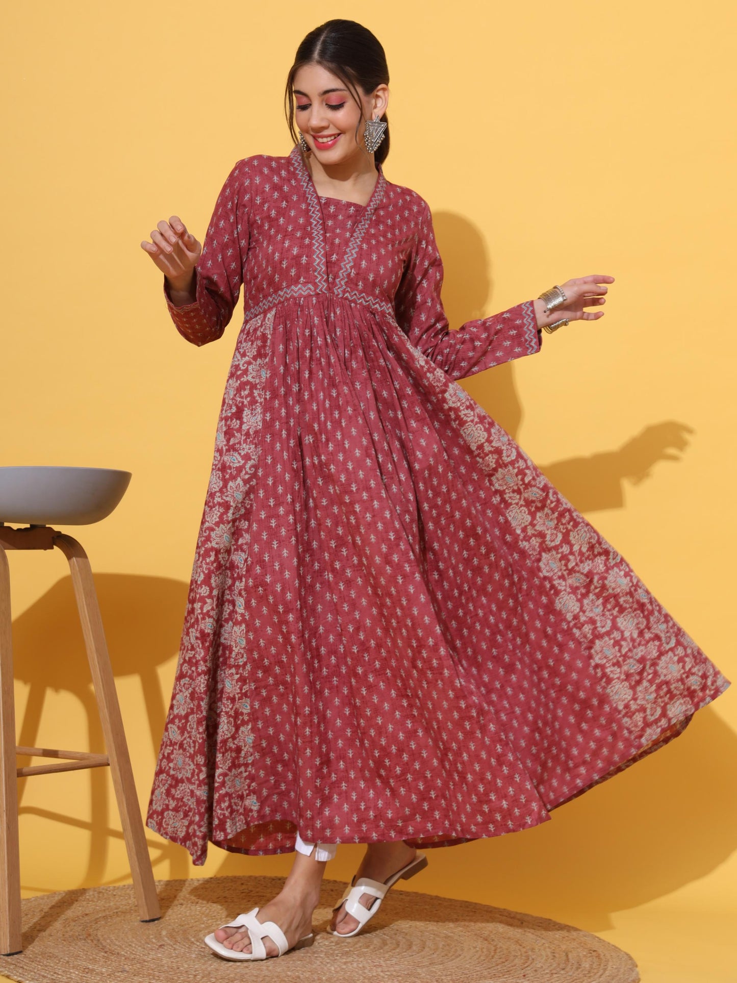 Pink Printed Cotton Anarkali Kurta