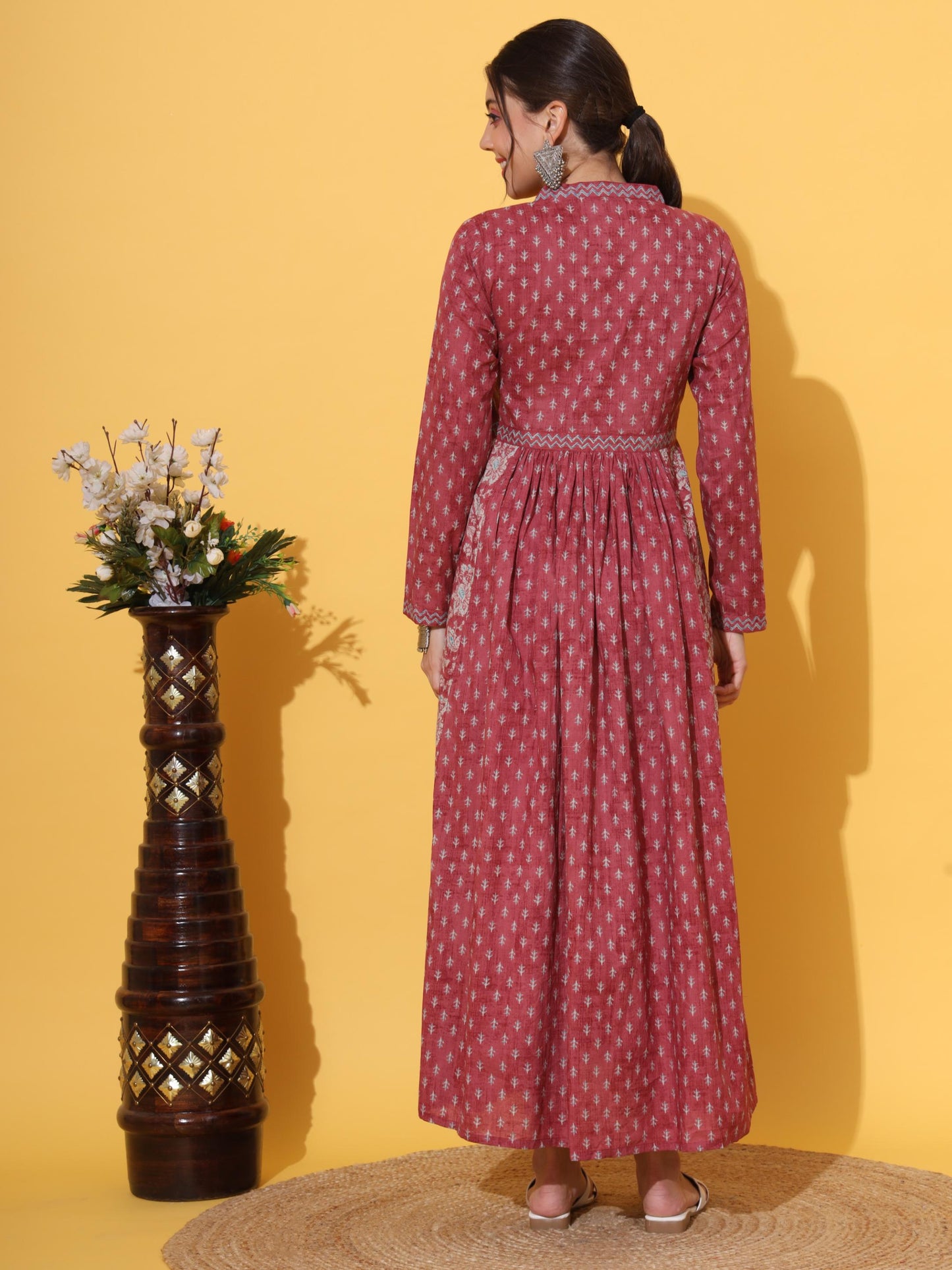 Pink Printed Cotton Anarkali Kurta