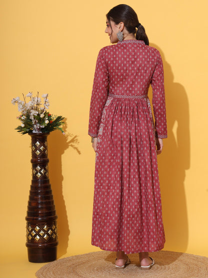 Pink Printed Cotton Anarkali Kurta