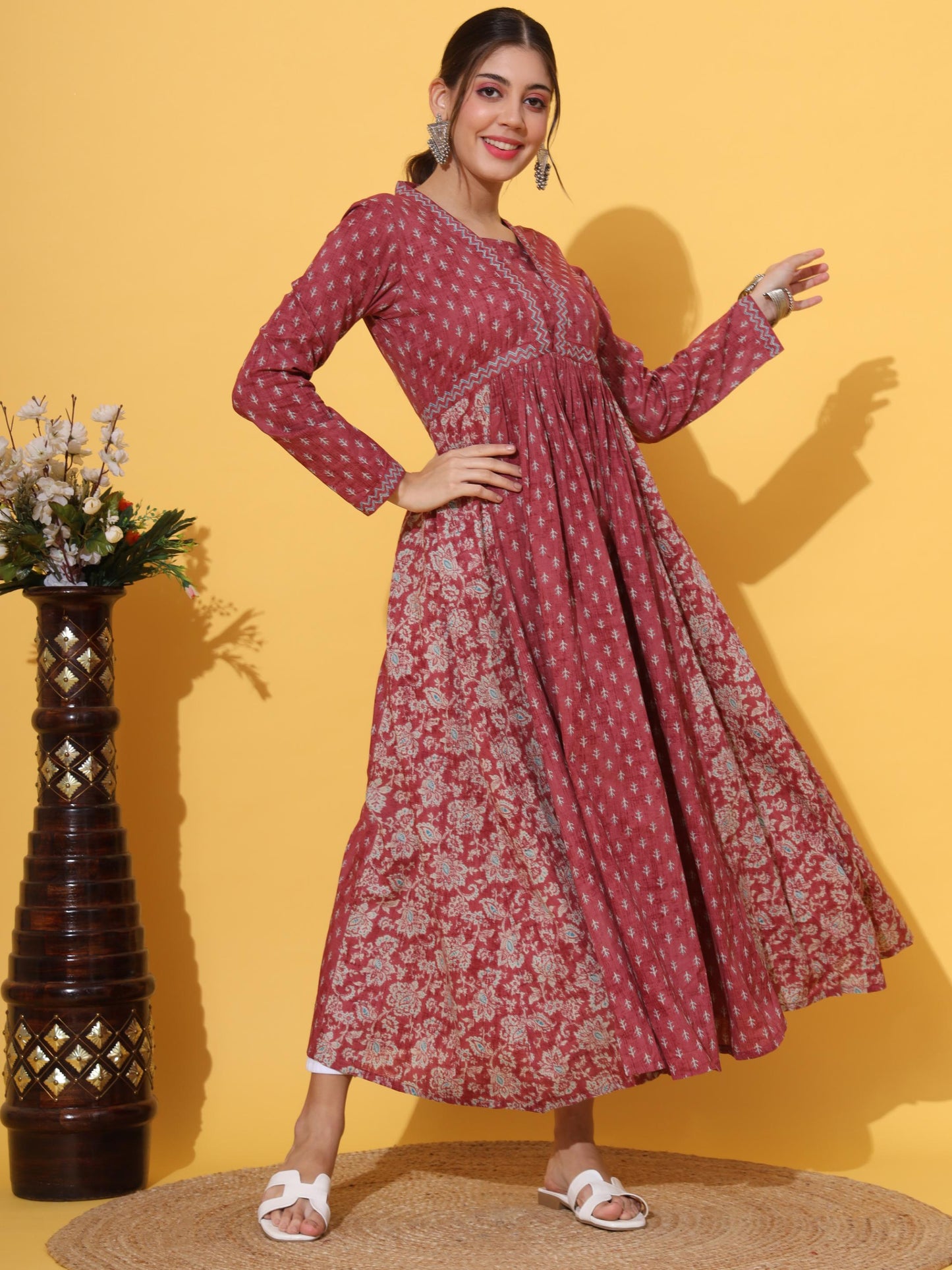 Pink Printed Cotton Anarkali Kurta