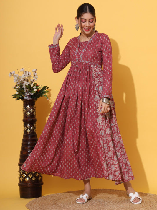 Pink Printed Cotton Anarkali Kurta