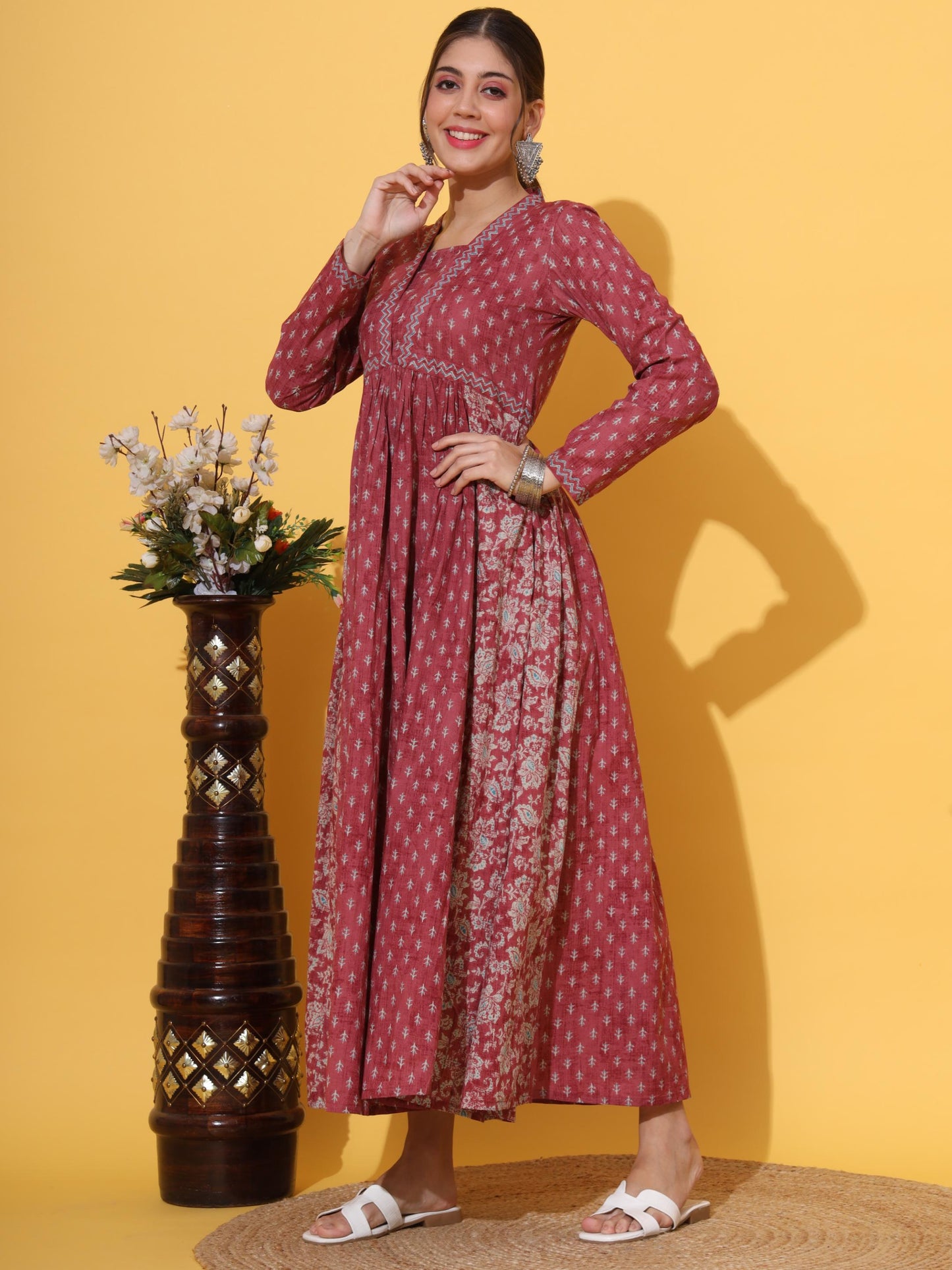 Pink Printed Cotton Anarkali Kurta