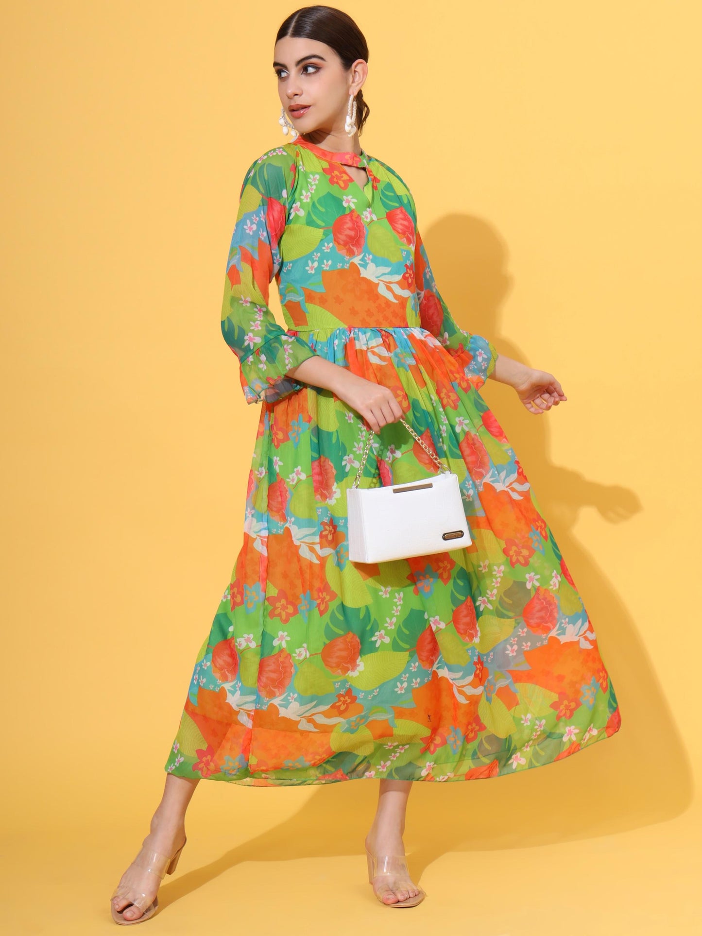 Green Printed Flared Chiffon Dress