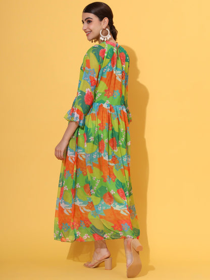 Green Printed Flared Chiffon Dress