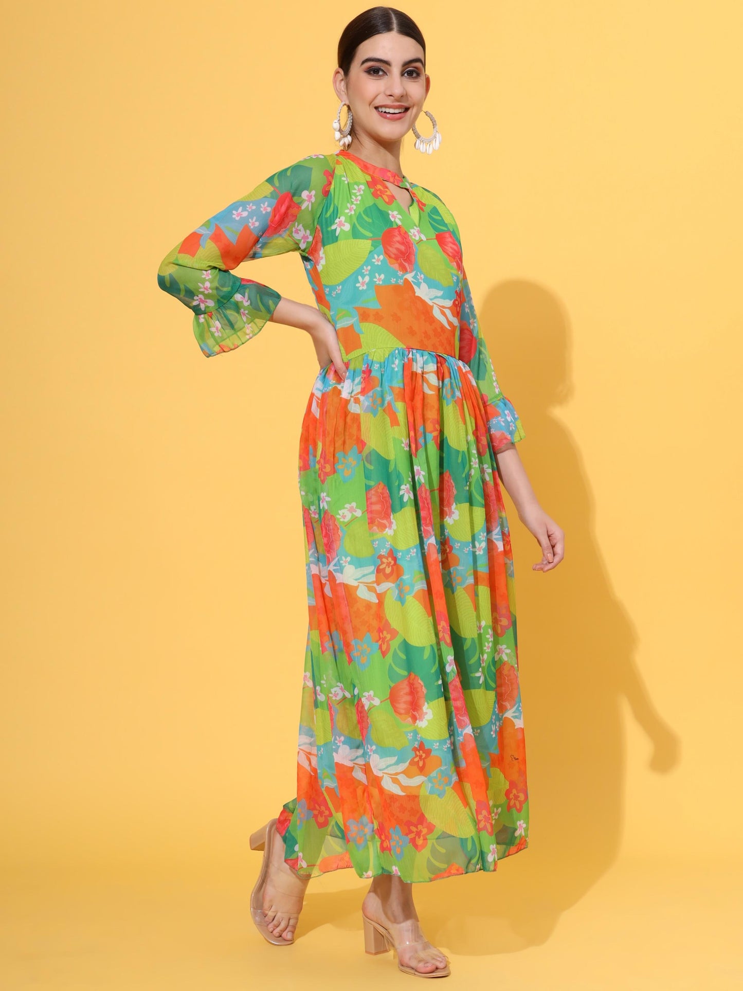 Green Printed Flared Chiffon Dress