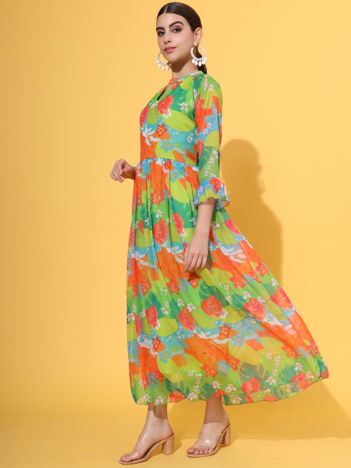 Green Printed Flared Chiffon Dress