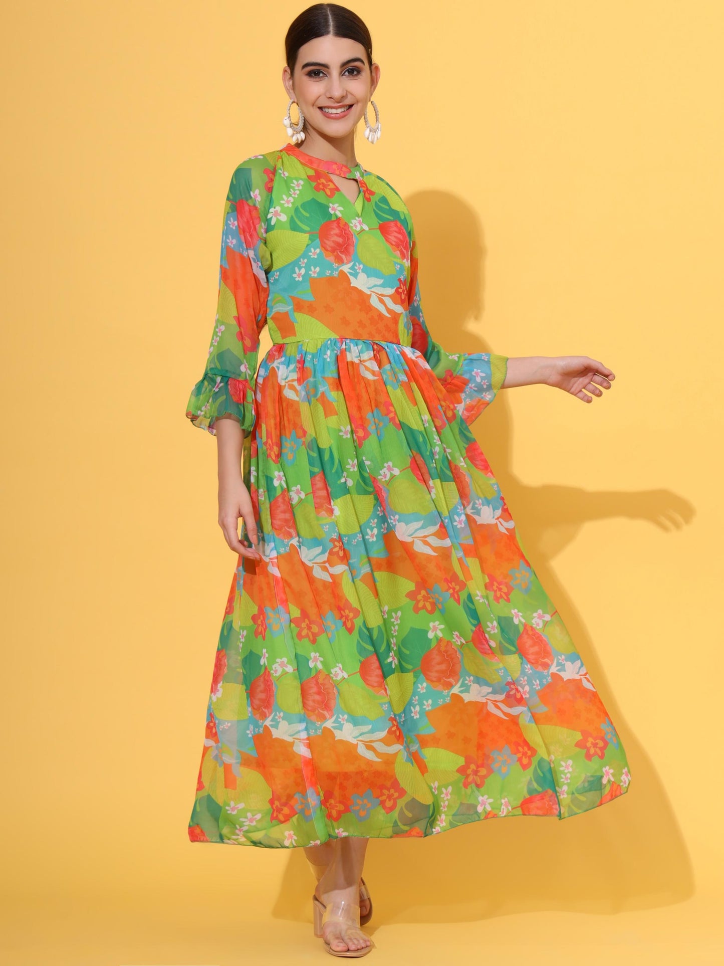 Green Printed Flared Chiffon Dress