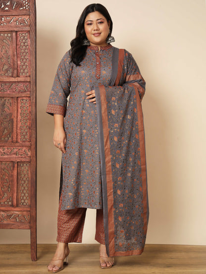 Grey Cotton Straight Kurta Set