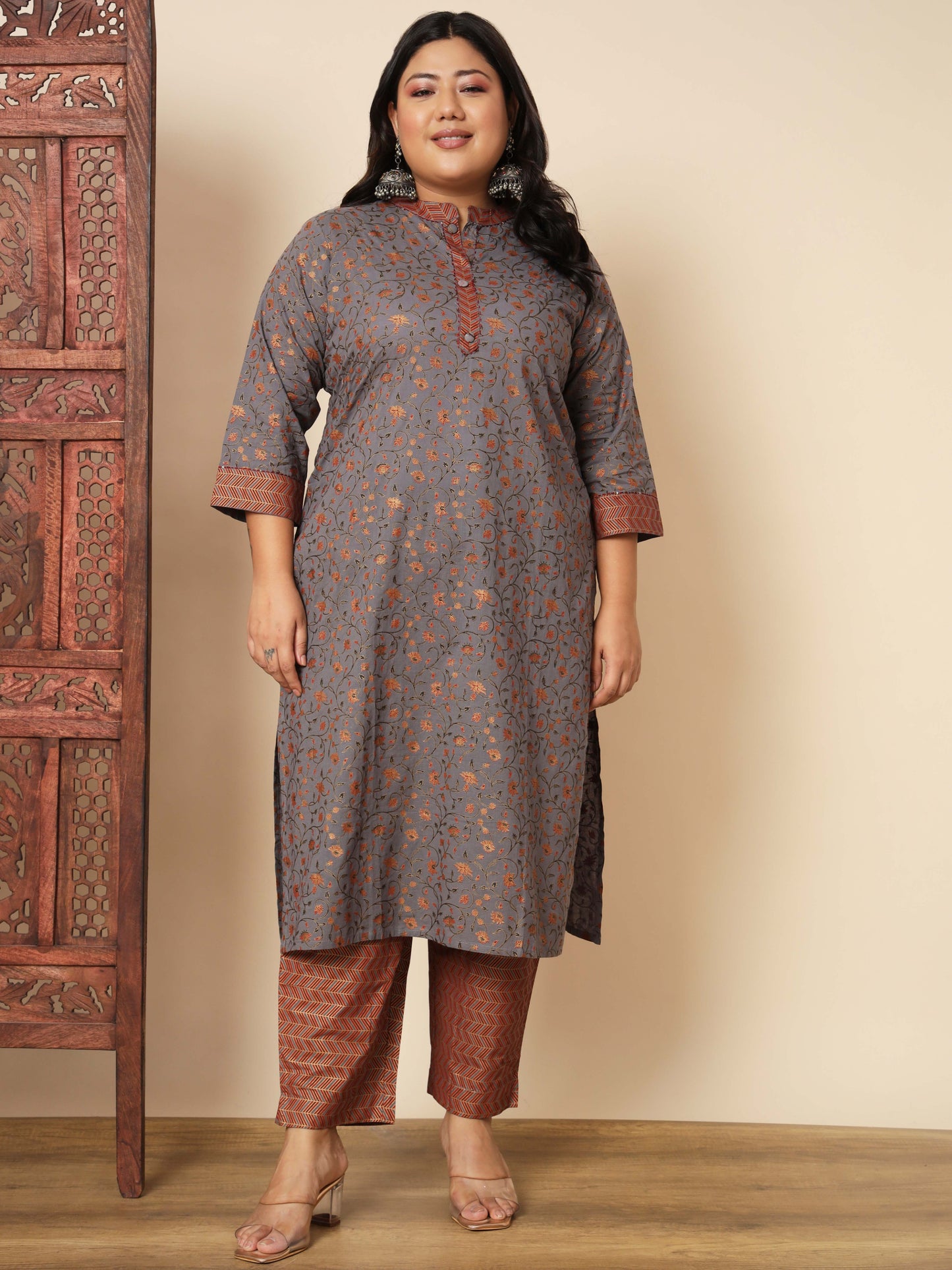 Grey Cotton Straight Kurta Set