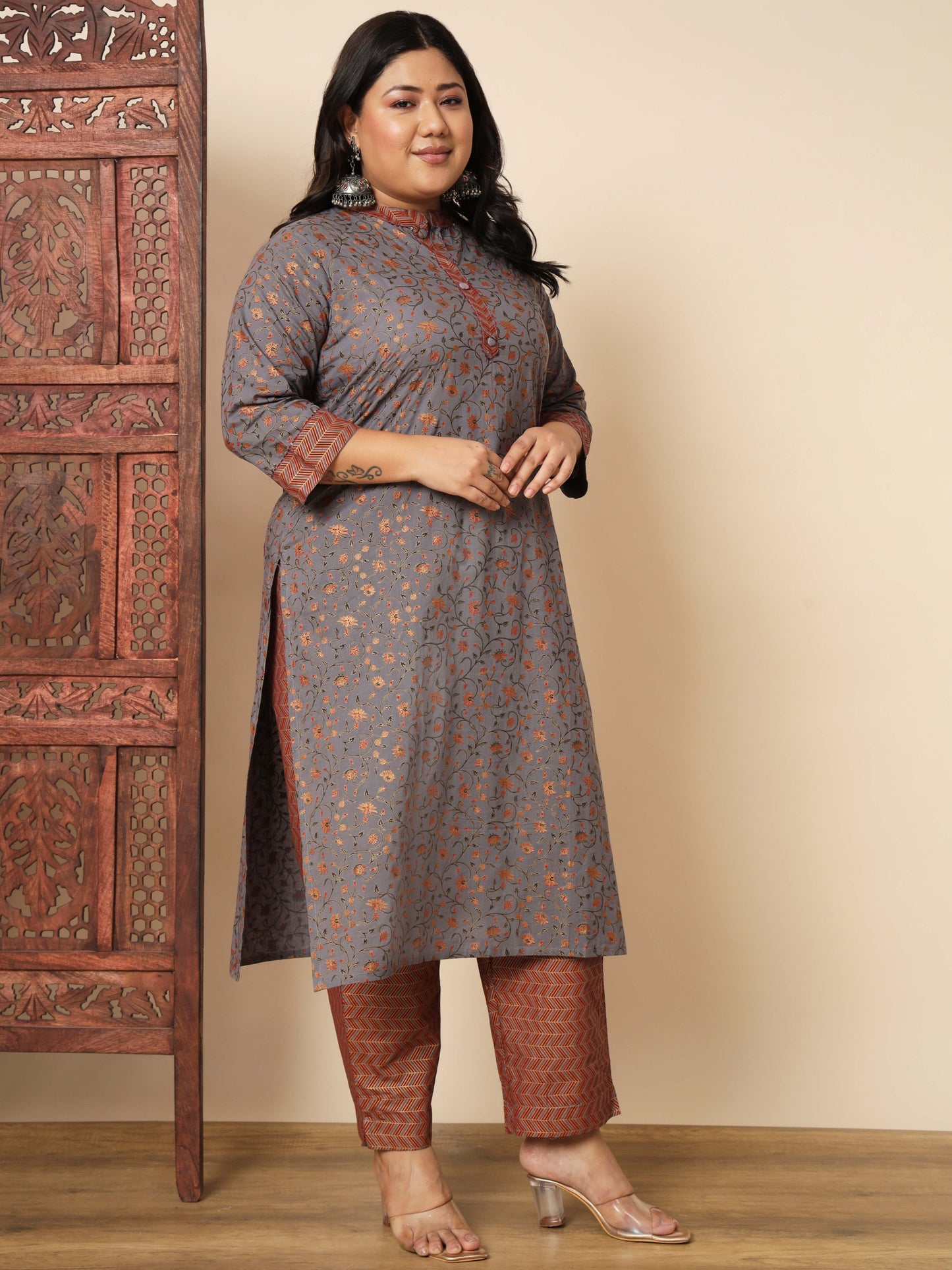 Grey Cotton Straight Kurta Set