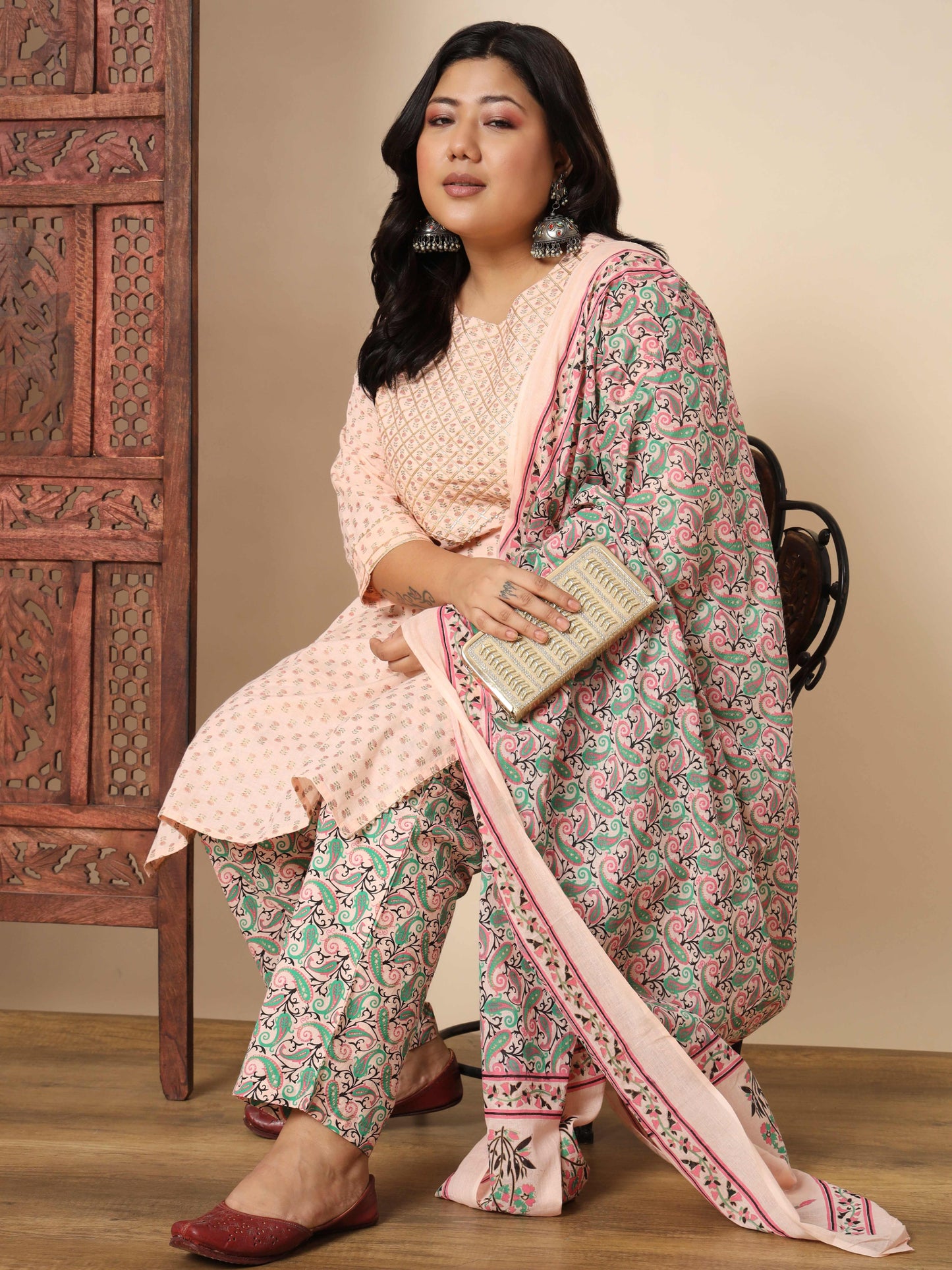 Peach Cotton Straight Kurta Set