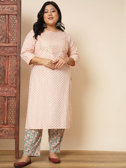 Peach Cotton Straight Kurta Set