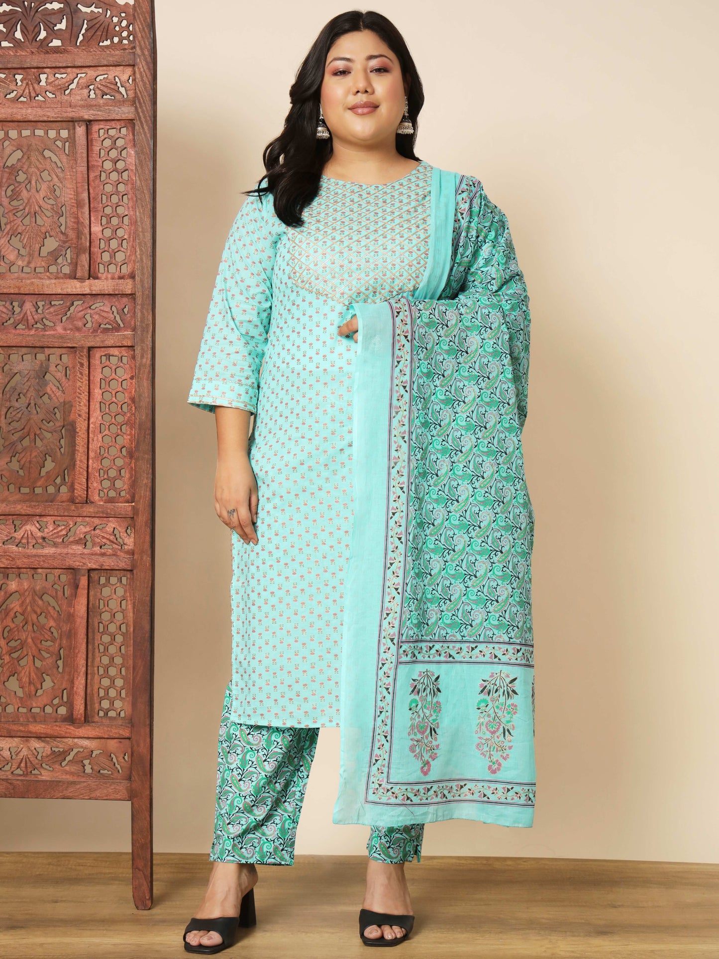 Turquoise Cotton Straight Kurta Set