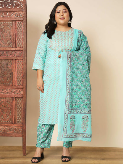 Turquoise Cotton Straight Kurta Set